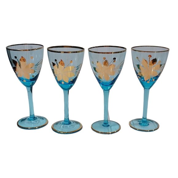 Mid Century Italian Art Glass Wine Cordial Glasses 24K Gold Turquoise Aqua Blue - Picture 2 of 7